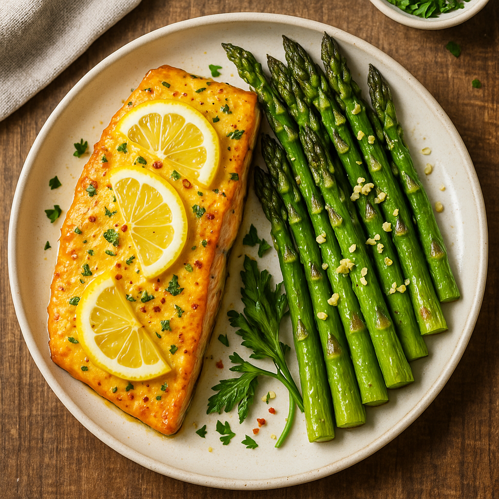 Air Fryer Lemon Dijon Salmon with Garlic Asparagus