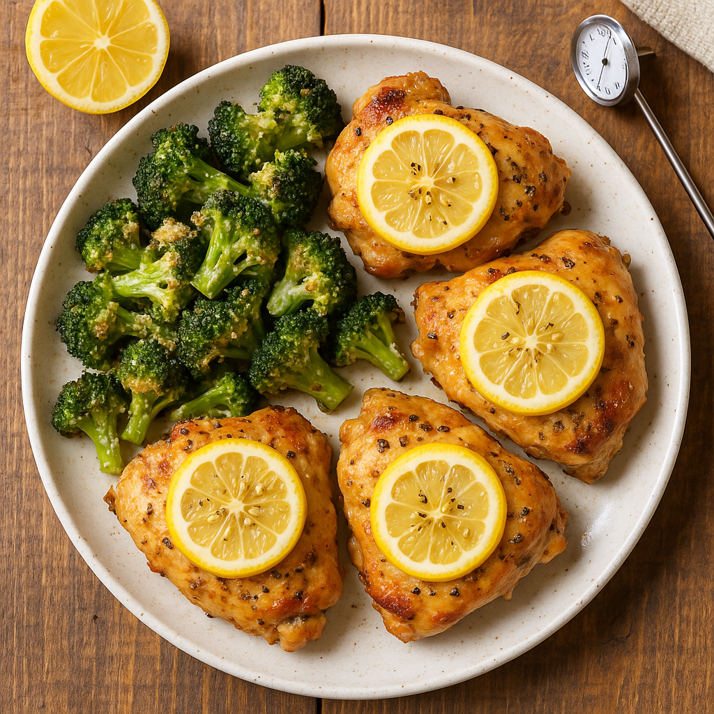 Air Fryer Lemon Garlic Chicken Thighs with Parmesan Broccoli