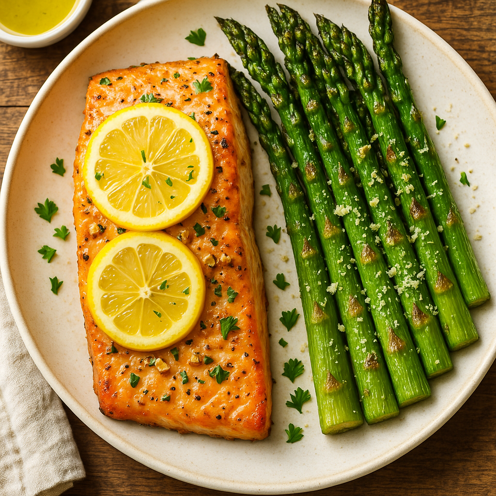 Air Fryer Lemon Garlic Salmon with Parmesan Asparagus