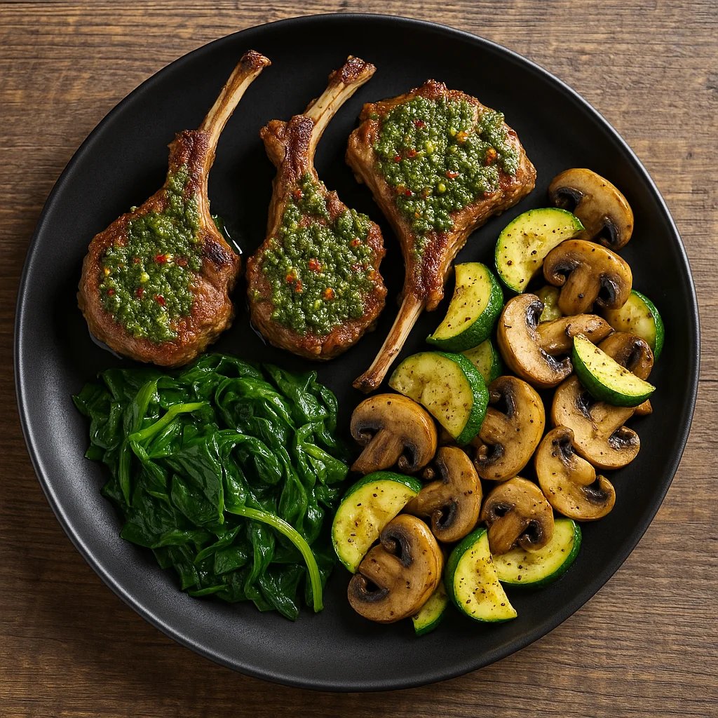 Air Fryer Chimichurri Lamb Chops with Zucchini and Mushrooms
