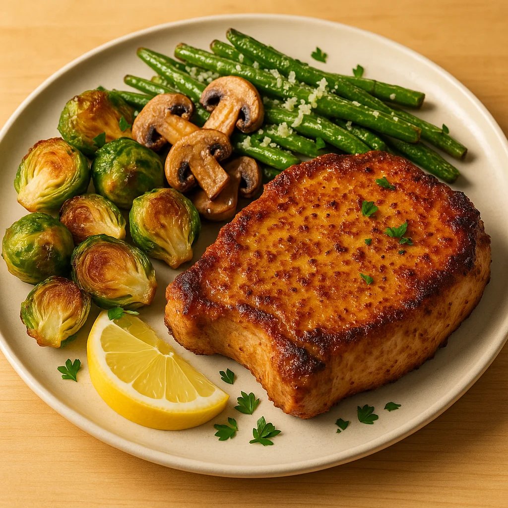 Air Fryer Dijon Pork Chops with Lemon Parmesan Green Beans and Mushrooms