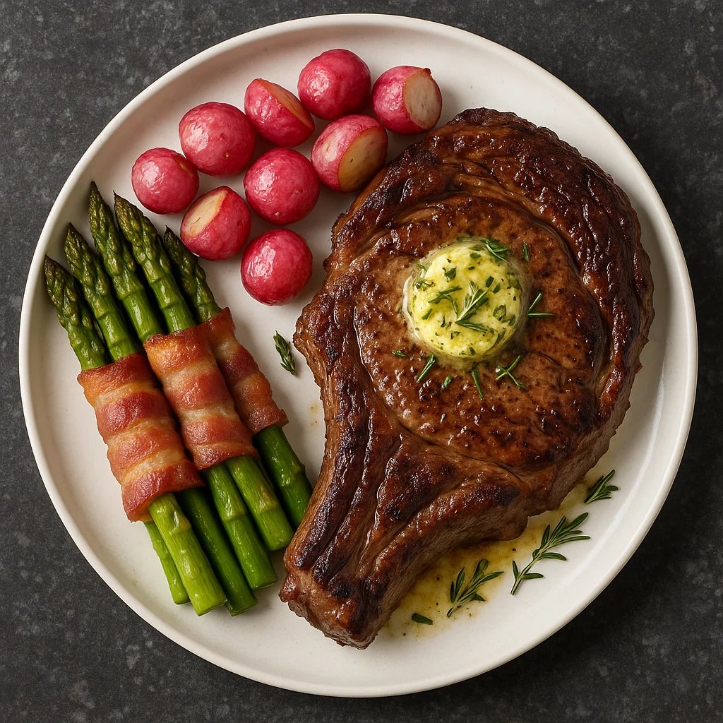 Air Fryer Garlic Butter Ribeye with Bacon Asparagus