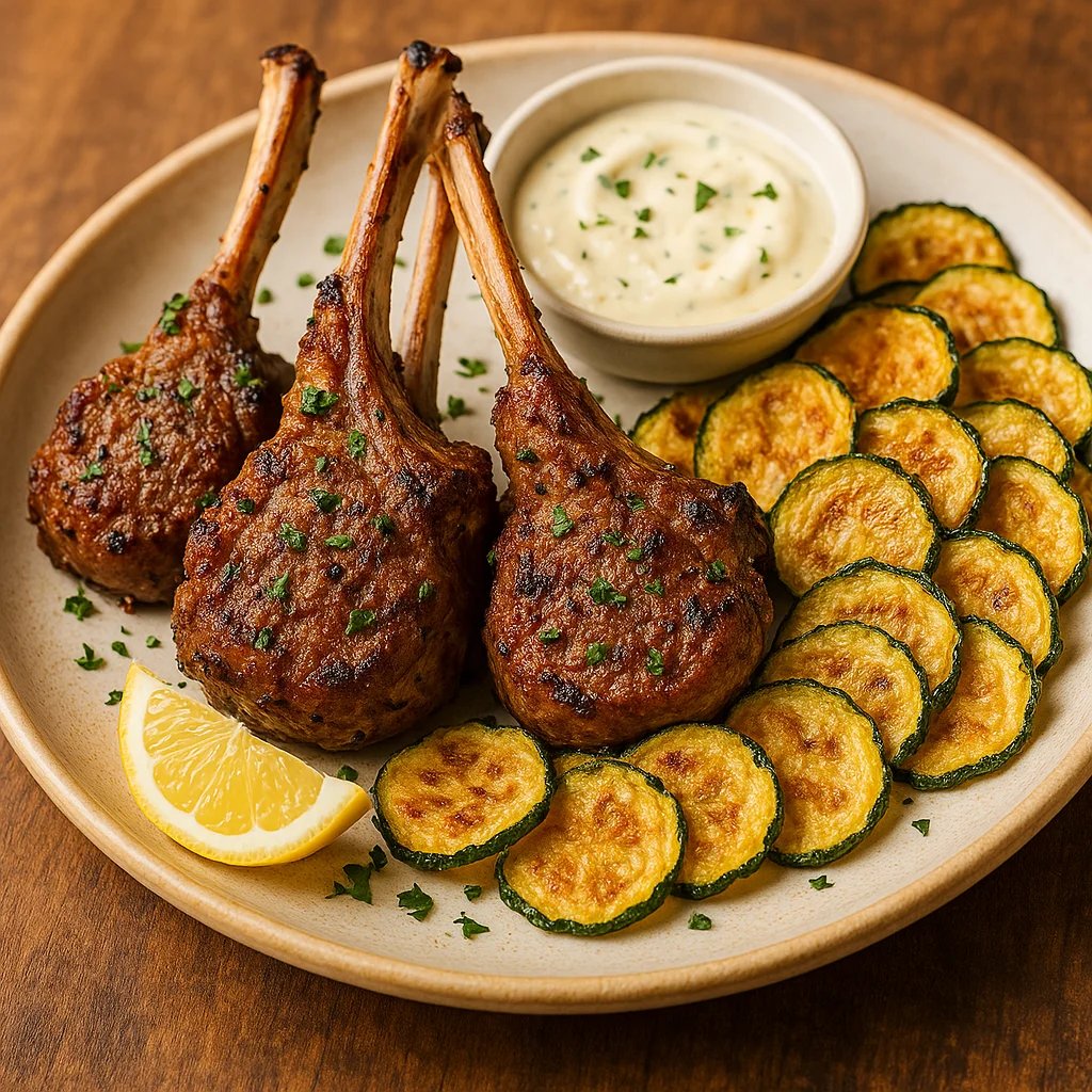 Air Fryer Garlic Herb Lamb Chop Lollipops with Zucchini Chips