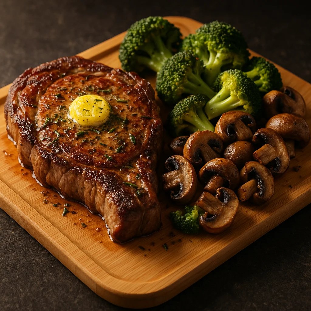 Air Fryer Garlic Herb Ribeye with Broccoli and Mushrooms