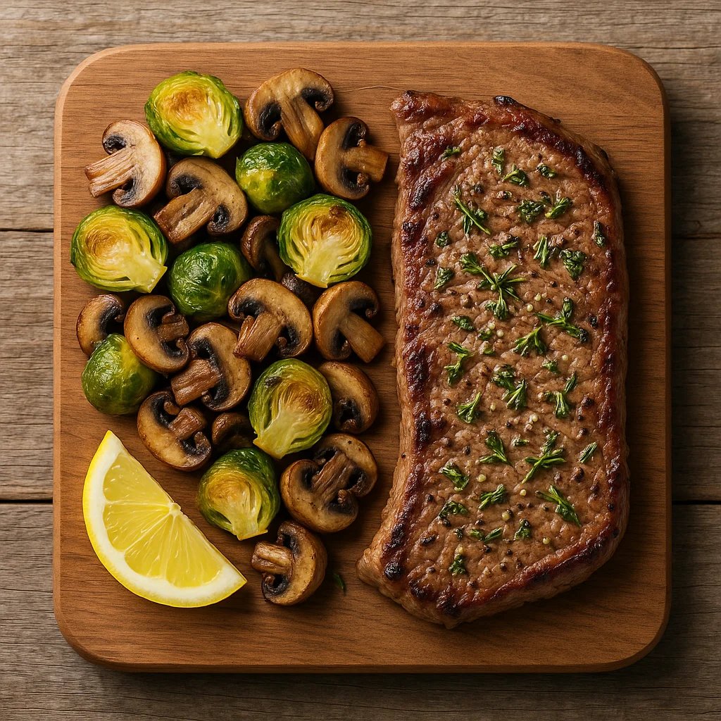 Air Fryer Garlic Herb Sirloin with Brussels Sprouts and Mushrooms
