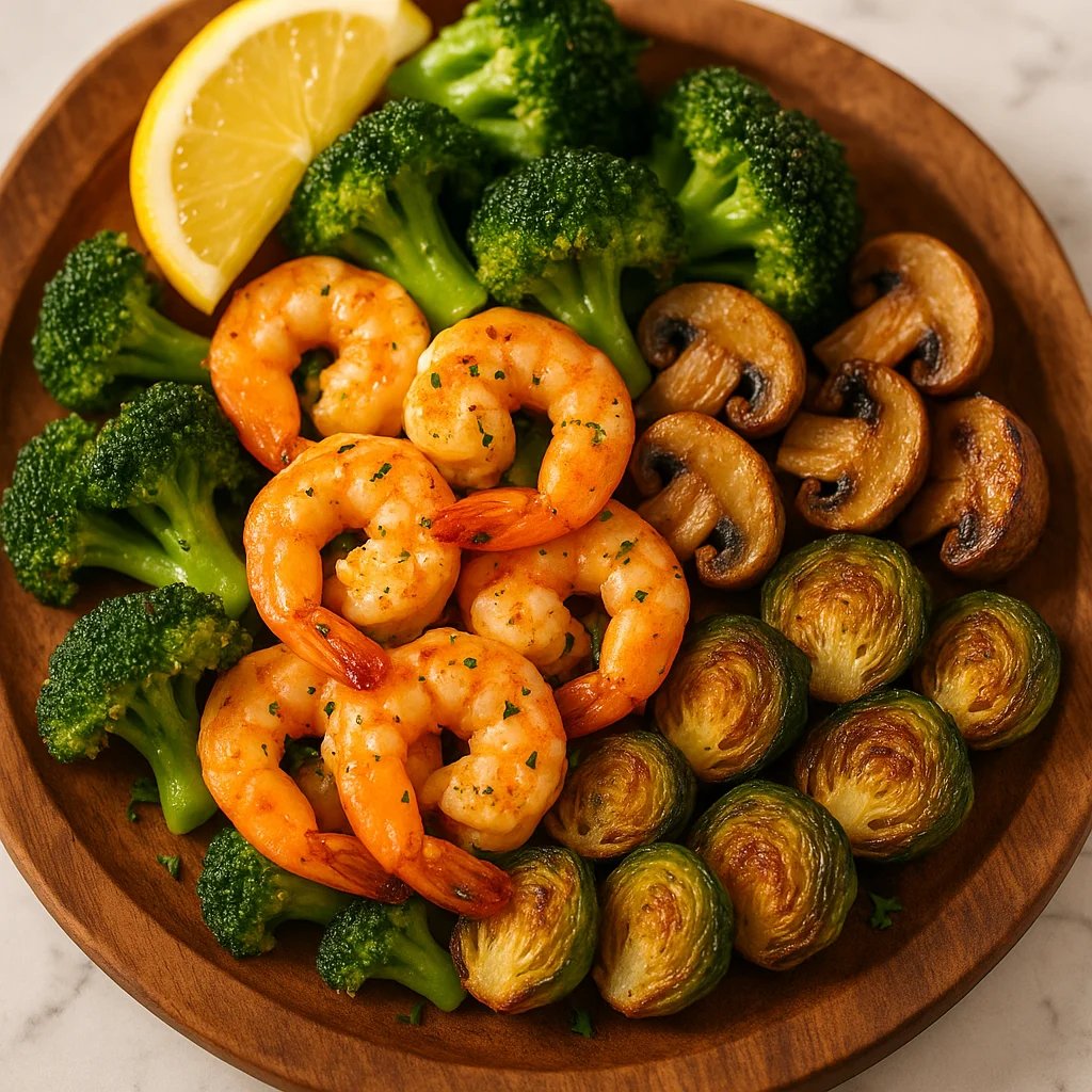 Air Fryer Garlic Lemon Shrimp with Broccoli and Mushrooms