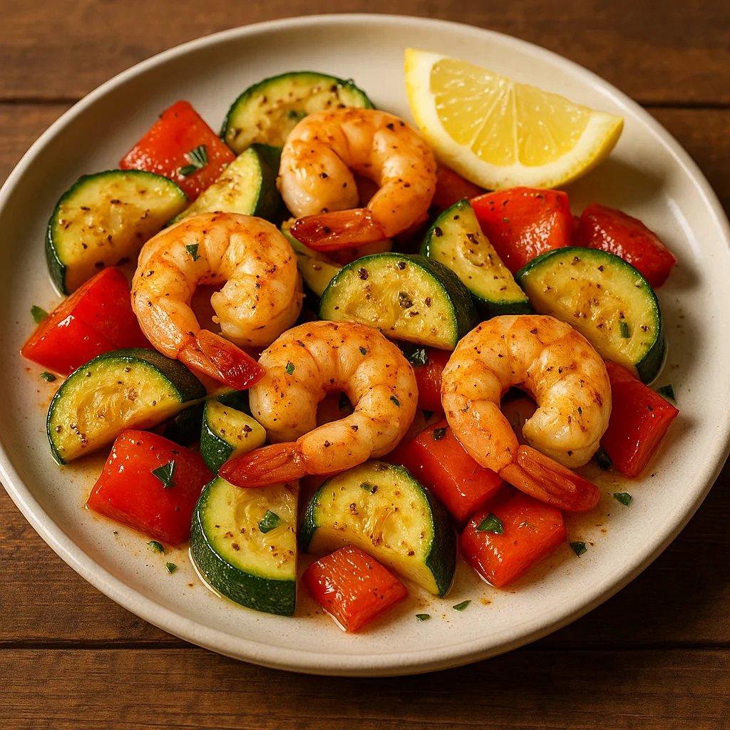 Air Fryer Garlic Lemon Shrimp with Zucchini and Peppers