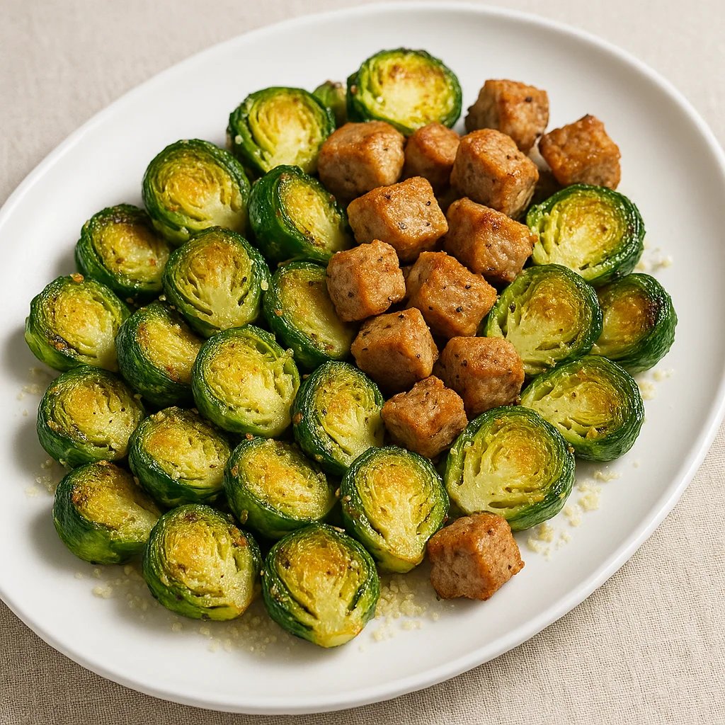 Air Fryer Garlic Parmesan Brussels Sprouts with Pork Tenderloin Crunchies