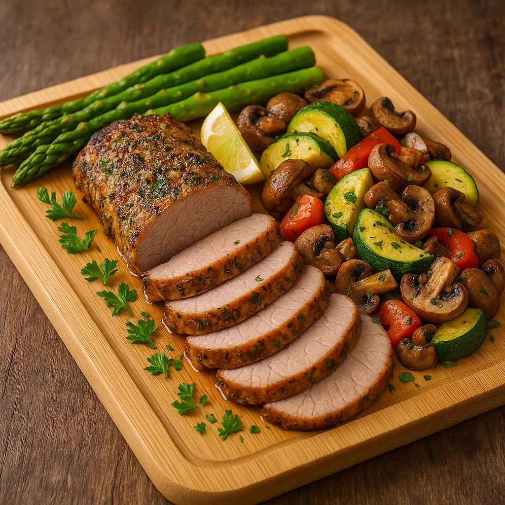 Air Fryer Garlic Rosemary Pork Tenderloin with Zucchini and Mushrooms