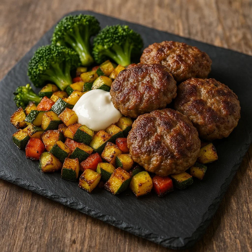 Air Fryer Ground Lamb Breakfast Sausage with Zucchini Pepper Hash
