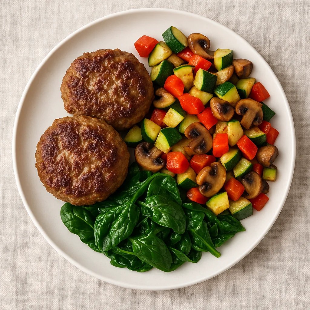 Air Fryer Ground Lamb Breakfast Sausage with Zucchini Pepper Hash