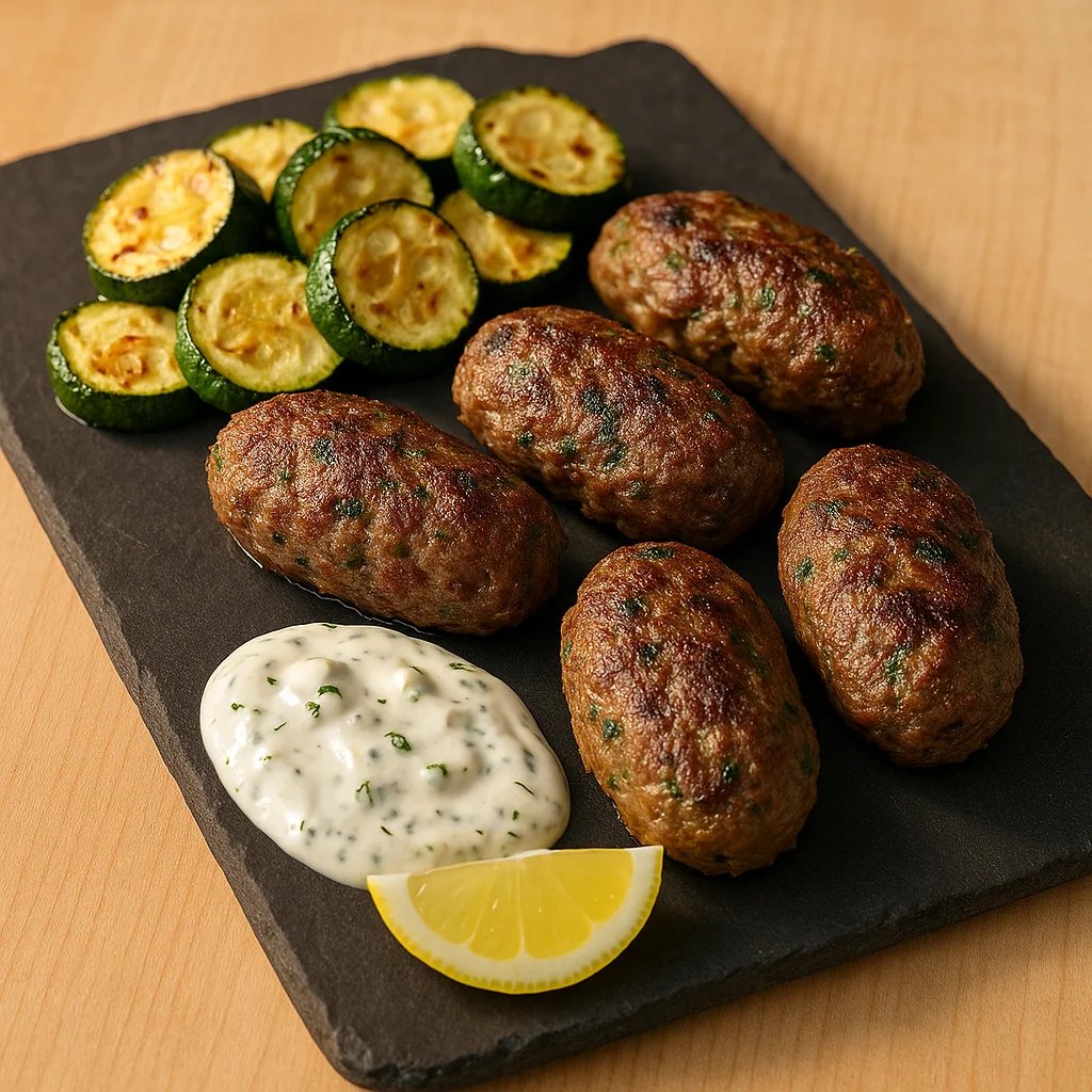 Air Fryer Ground Lamb Kofta with Zucchini and Garlic Yogurt