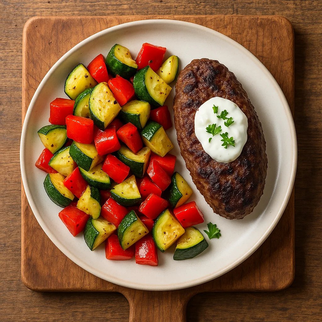 Air Fryer Ground Lamb Kofta with Zucchini and Pepper Medley