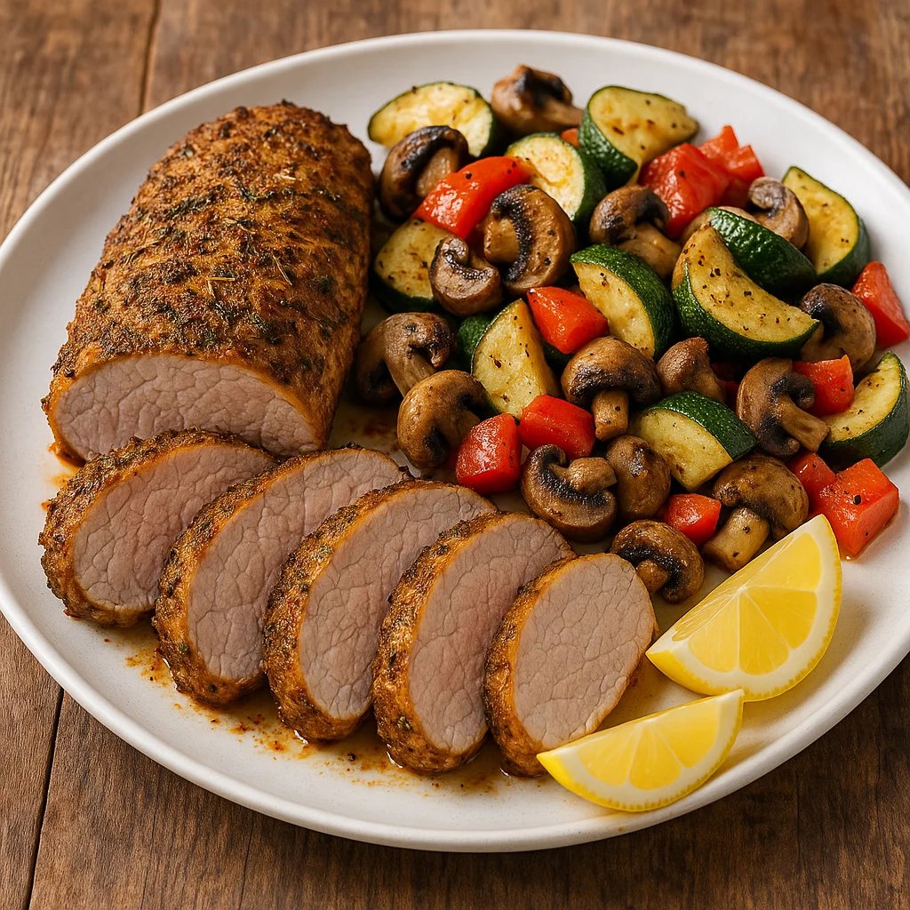 Air Fryer Herb Crusted Pork Tenderloin with Garlic Zucchini and Mushrooms