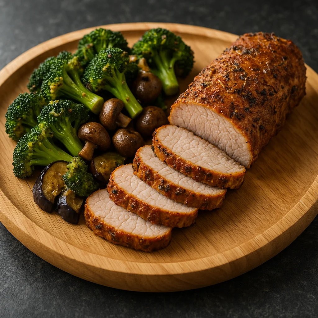 Air Fryer Herb Dijon Pork Tenderloin with Garlic Broccoli and Mushrooms