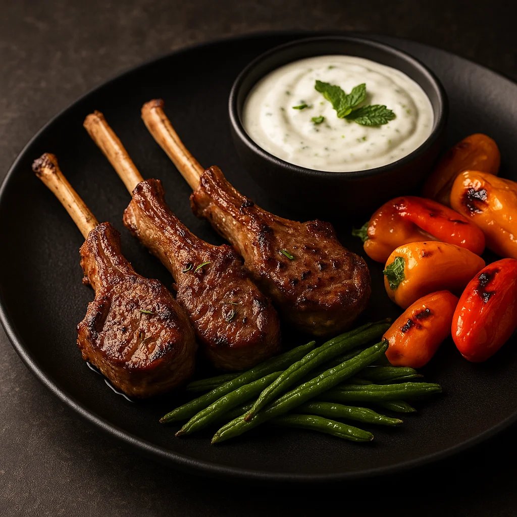 Air Fryer Lamb Chop Lollipops with Lemon Mint Yogurt and Roasted Peppers