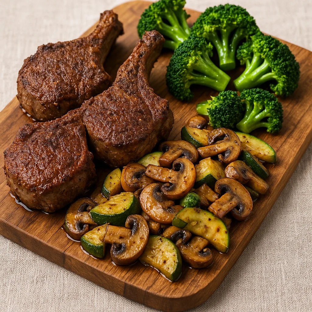 Air Fryer Lamb Chops with Beefy Garlic Mushroom Zucchini