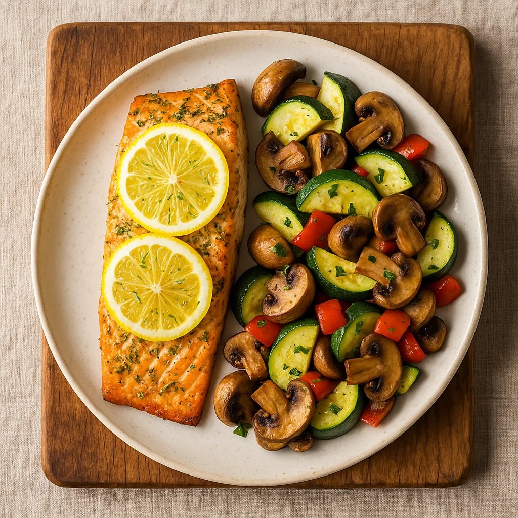 Air Fryer Lemon Dill Salmon with Zucchini and Mushrooms