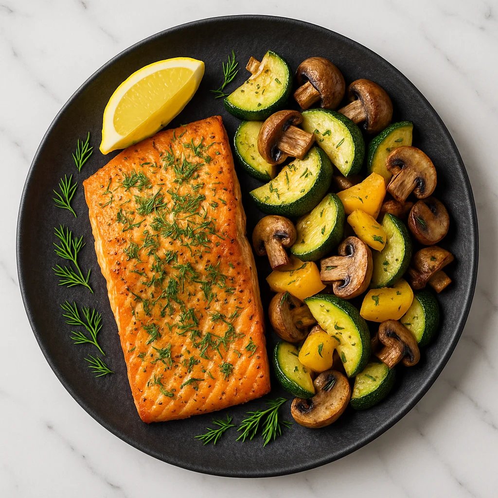 Air Fryer Lemon Dill Salmon with Zucchini and Peppers
