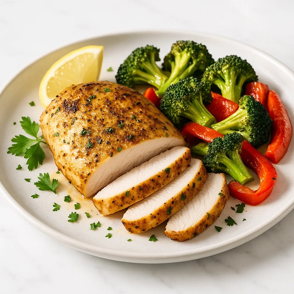 Air Fryer Lemon Garlic Chicken Breasts with Broccoli and Peppers