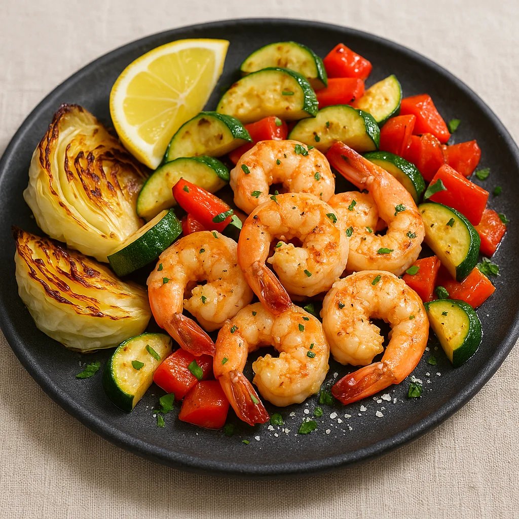 Air Fryer Lemon Garlic Parmesan Shrimp with Zucchini and Peppers