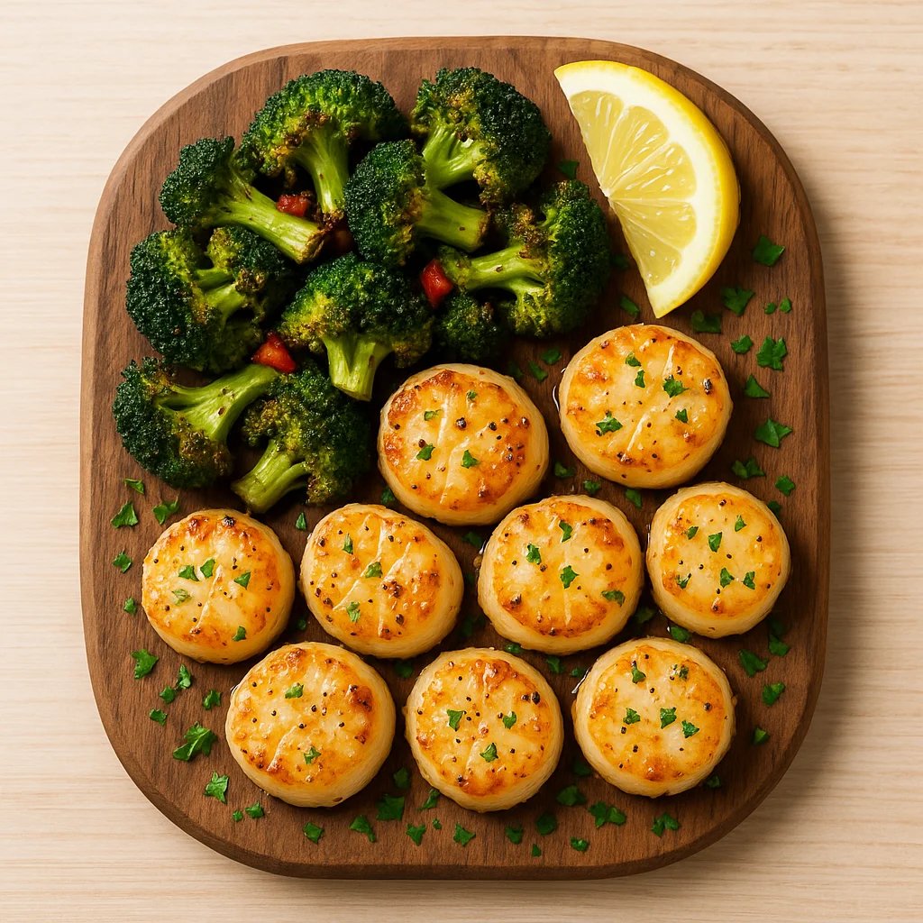 Air Fryer Lemon Garlic Scallops with Crispy Broccoli