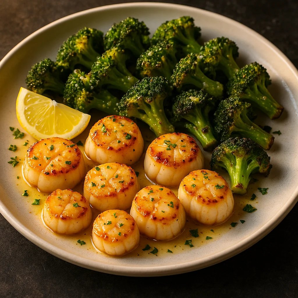 Air Fryer Lemon Garlic Scallops with Parmesan Broccoli