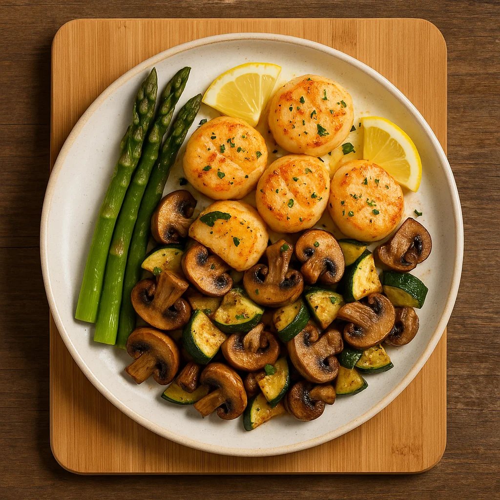 Air Fryer Lemon Garlic Scallops with Zucchini and Mushrooms