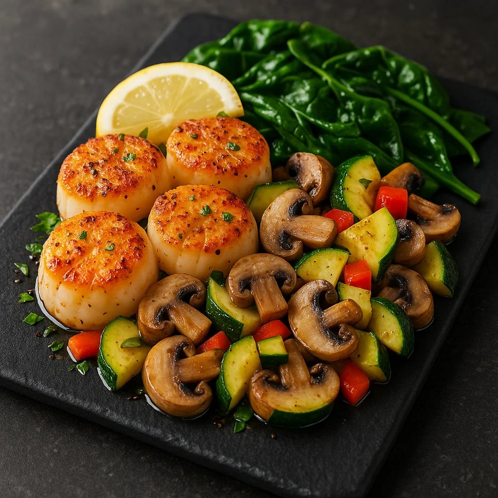 Air Fryer Lemon Garlic Scallops with Zucchini and Mushrooms