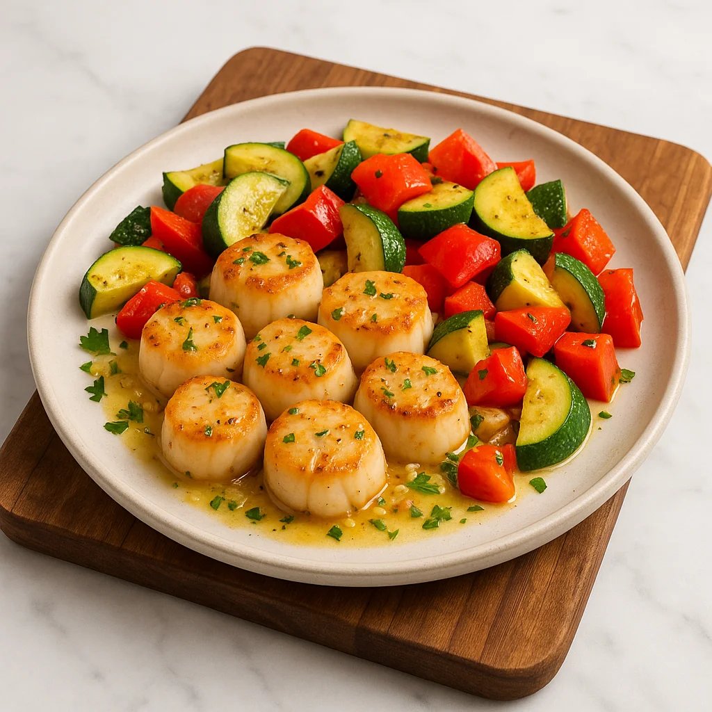 Air Fryer Lemon Garlic Scallops with Zucchini and Peppers