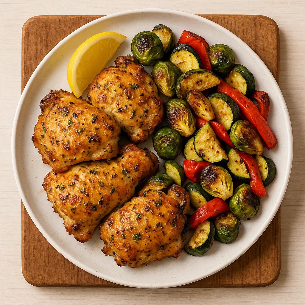 Air Fryer Lemon Herb Chicken Thighs with Charred Brussels and Peppers