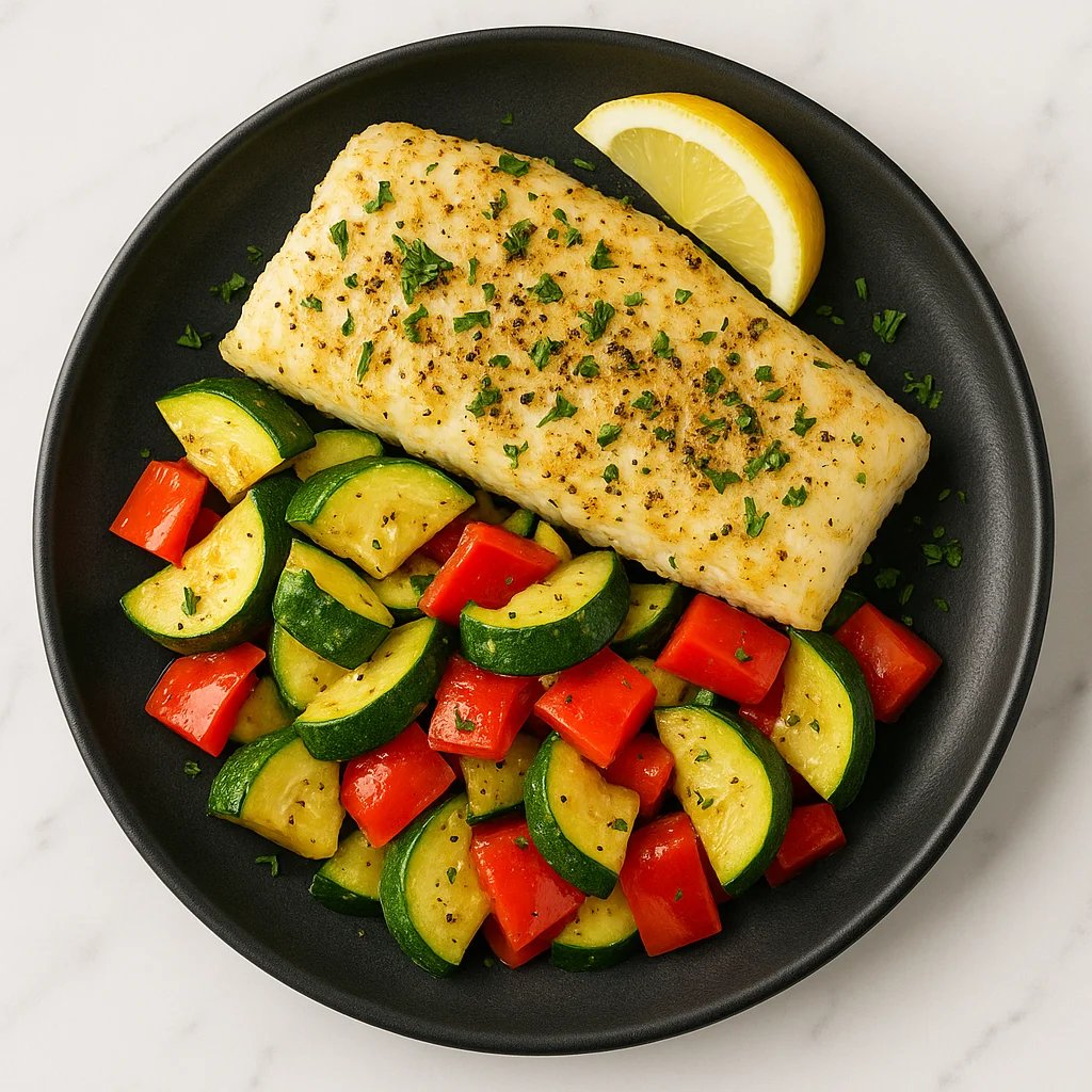 Air Fryer Lemon Herb Cod with Zucchini and Peppers