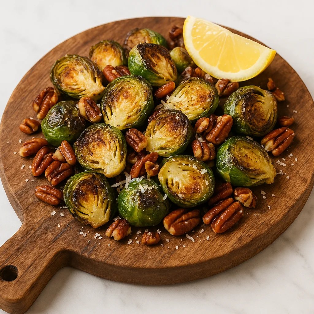 Air Fryer Lemon Parmesan Brussels Sprouts with Toasted Pecans