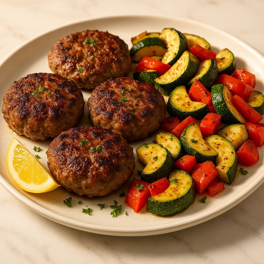 Air Fryer Mediterranean Lamb Breakfast Patties with Zucchini and Peppers