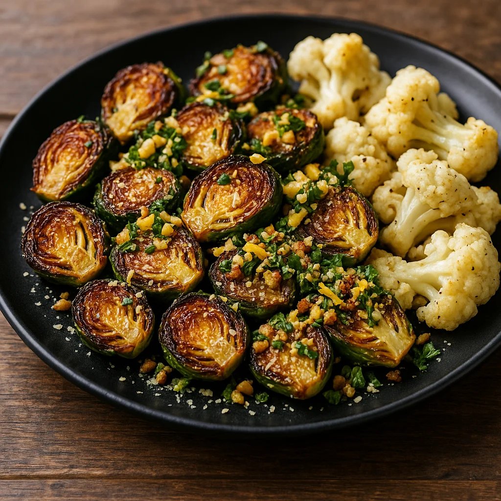 Air Fryer Parmesan Brussels Sprouts with Lemon Walnut Gremolata