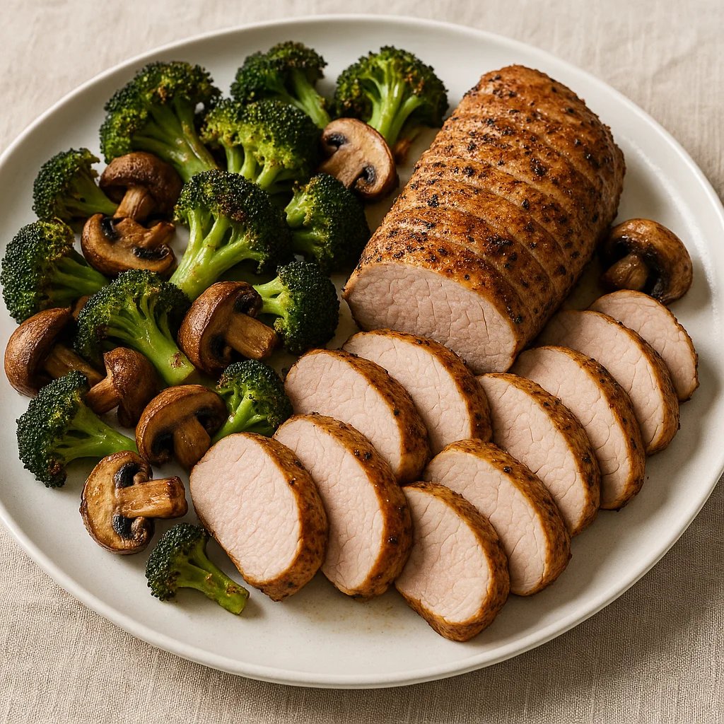 Air Fryer Pork Tenderloin with Garlicky Broccoli and Mushrooms