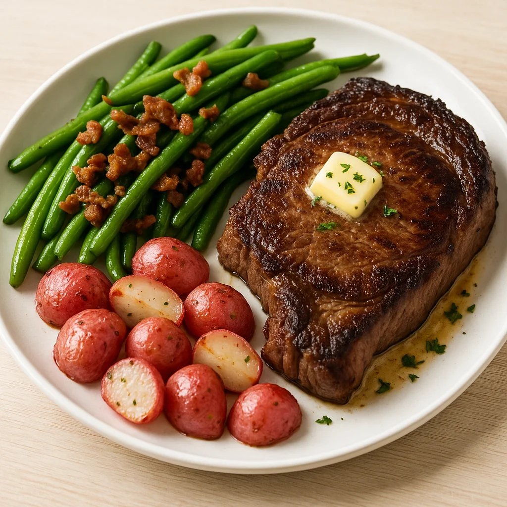 Air Fryer Ribeye with Bacon Garlic Green Beans
