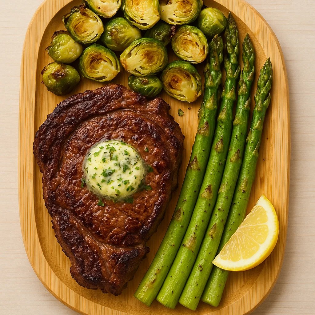 Air Fryer Ribeye with Garlic Herb Butter and Crispy Asparagus