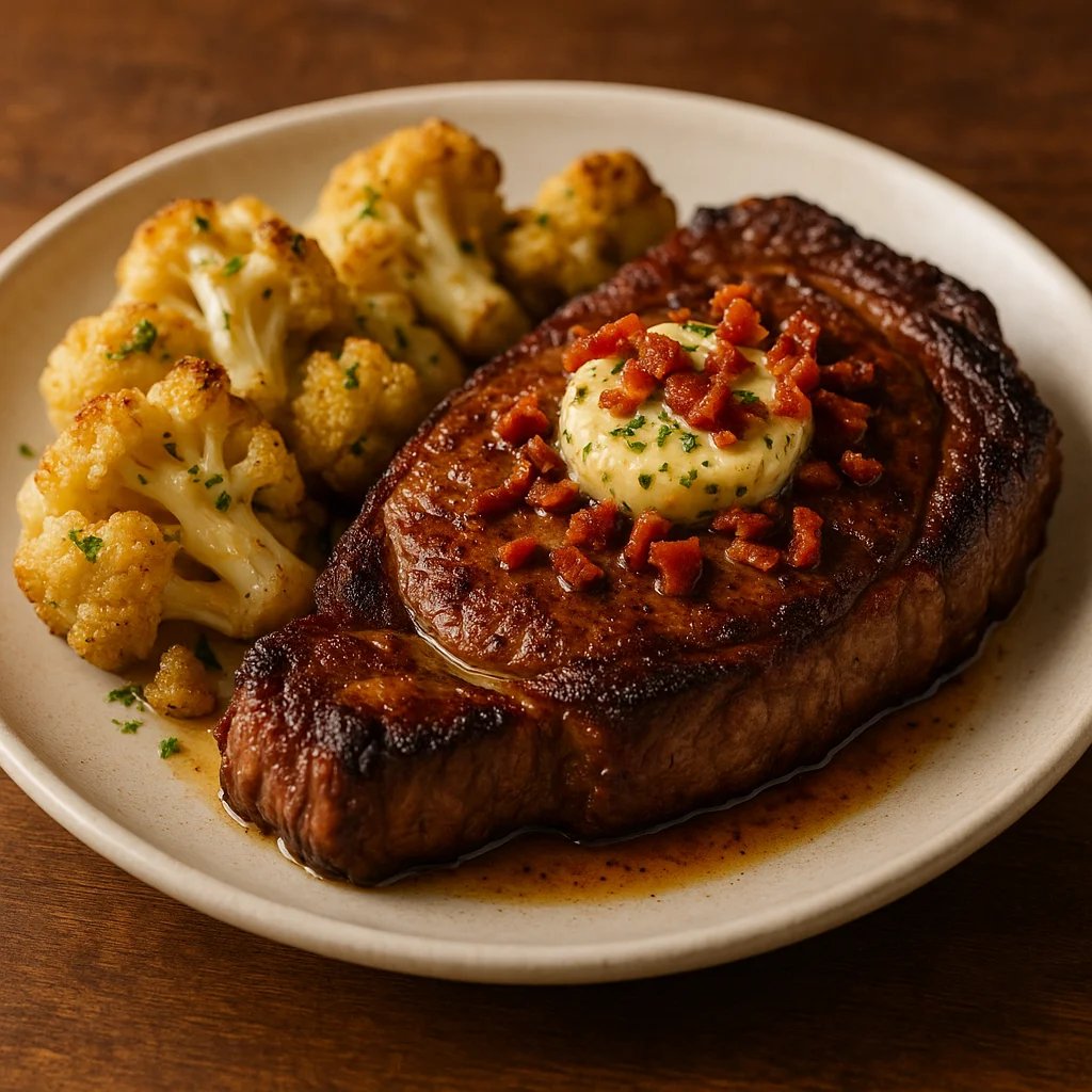 Air Fryer Ribeye with Garlic Herb Butter and Crispy Bacon
