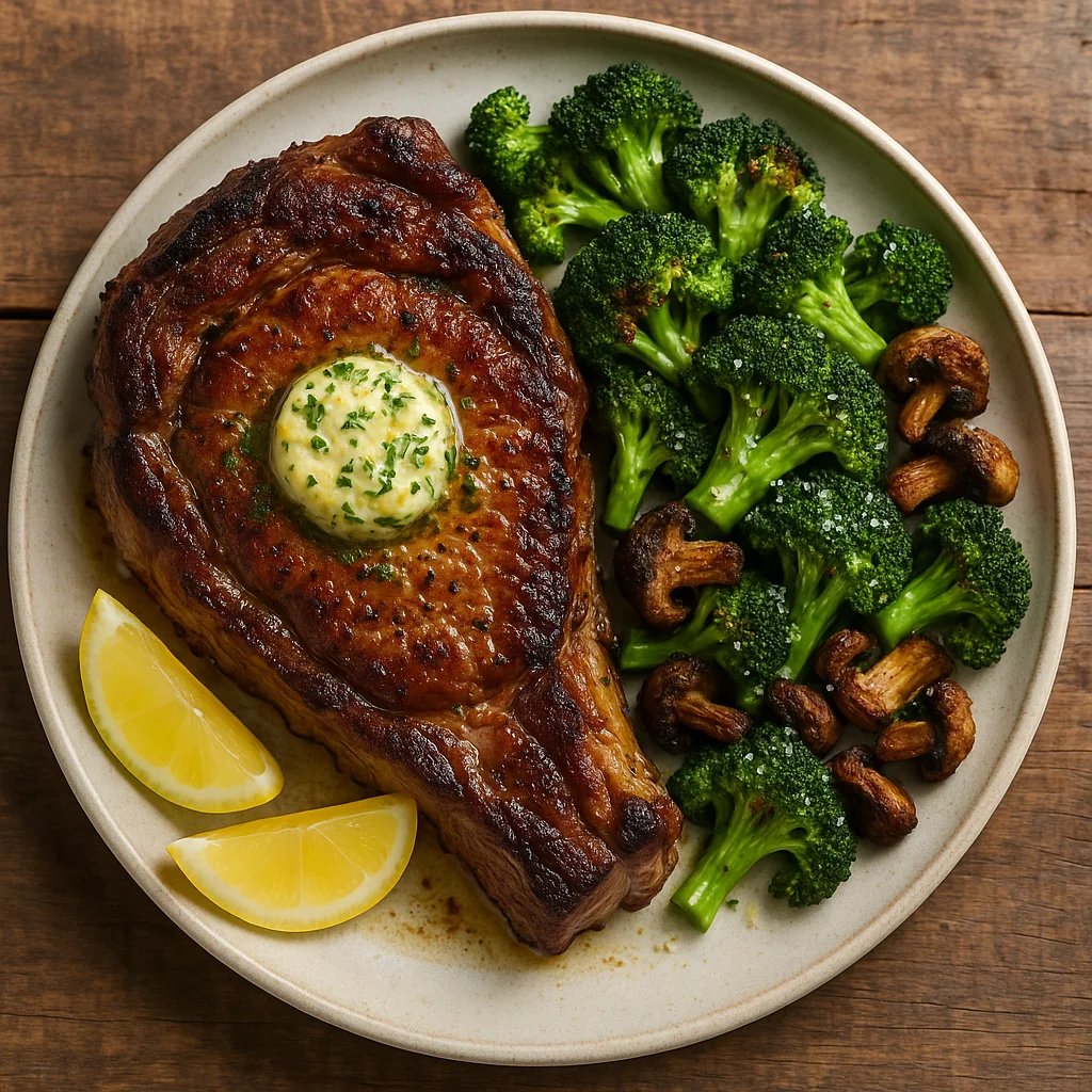 Air Fryer Ribeye with Garlic Herb Butter and Crispy Broccoli Mushrooms