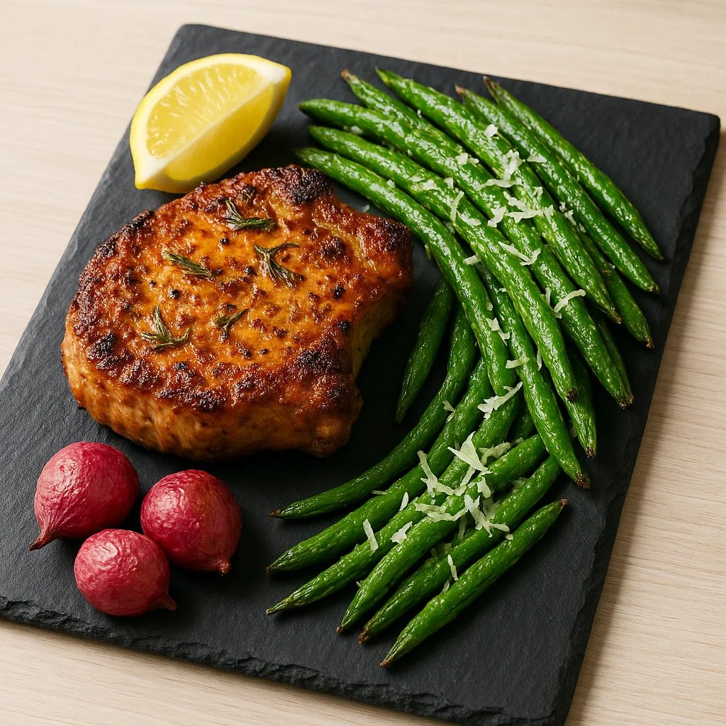 Air Fryer Rosemary Dijon Pork Chops with Parmesan Green Beans