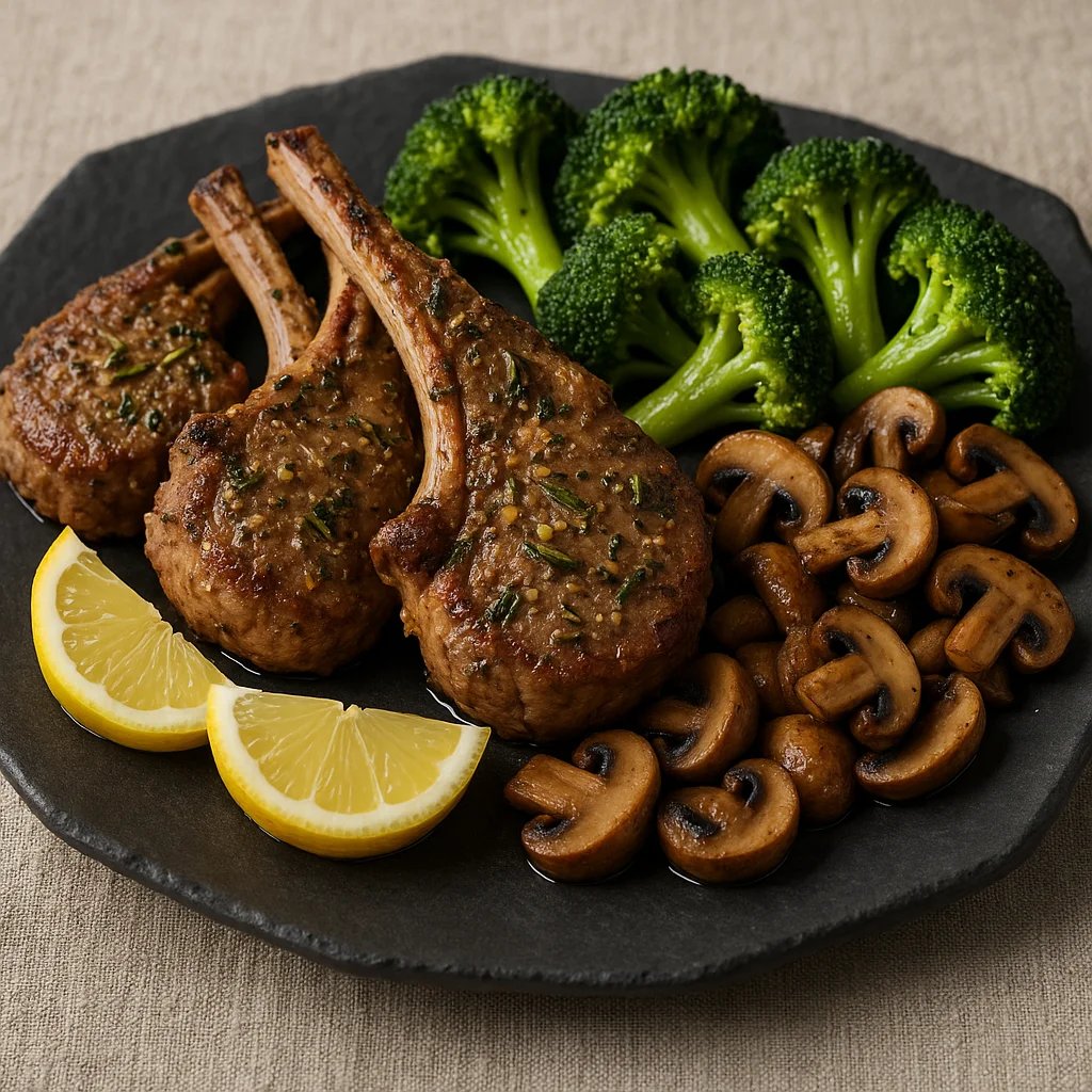 Air Fryer Rosemary Garlic Lamb Chops with Broccoli and Mushrooms