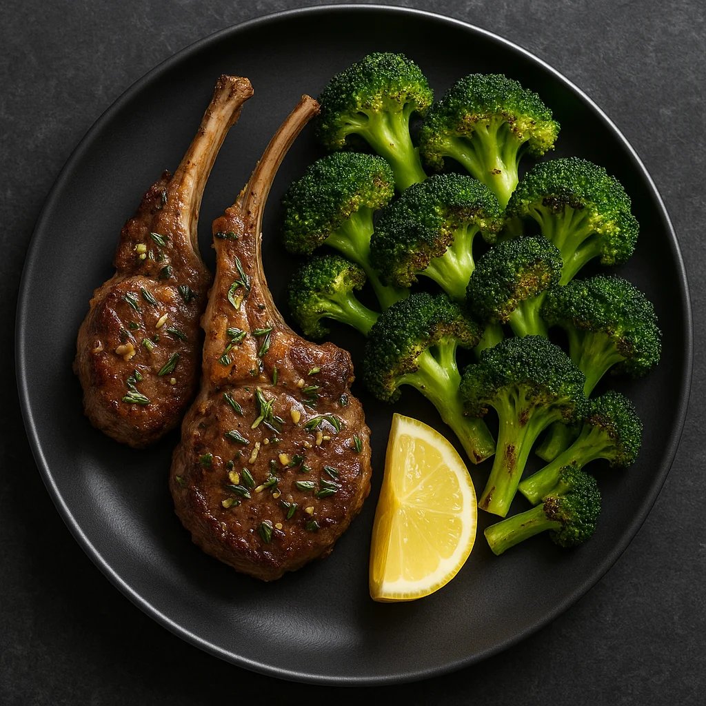 Air Fryer Rosemary Garlic Lamb Chops with Charred Broccoli