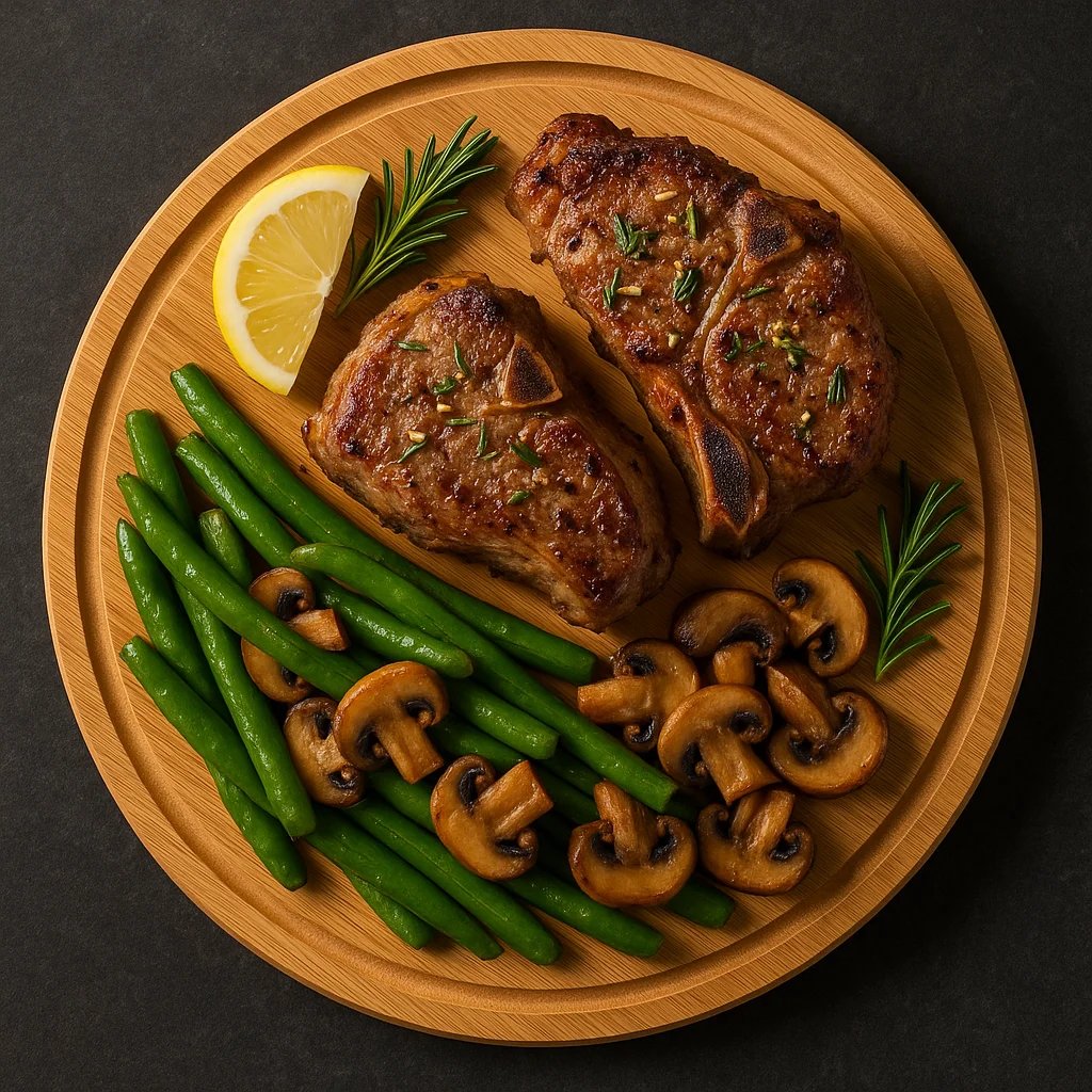 Air Fryer Rosemary Garlic Lamb Chops with Green Beans and Mushrooms