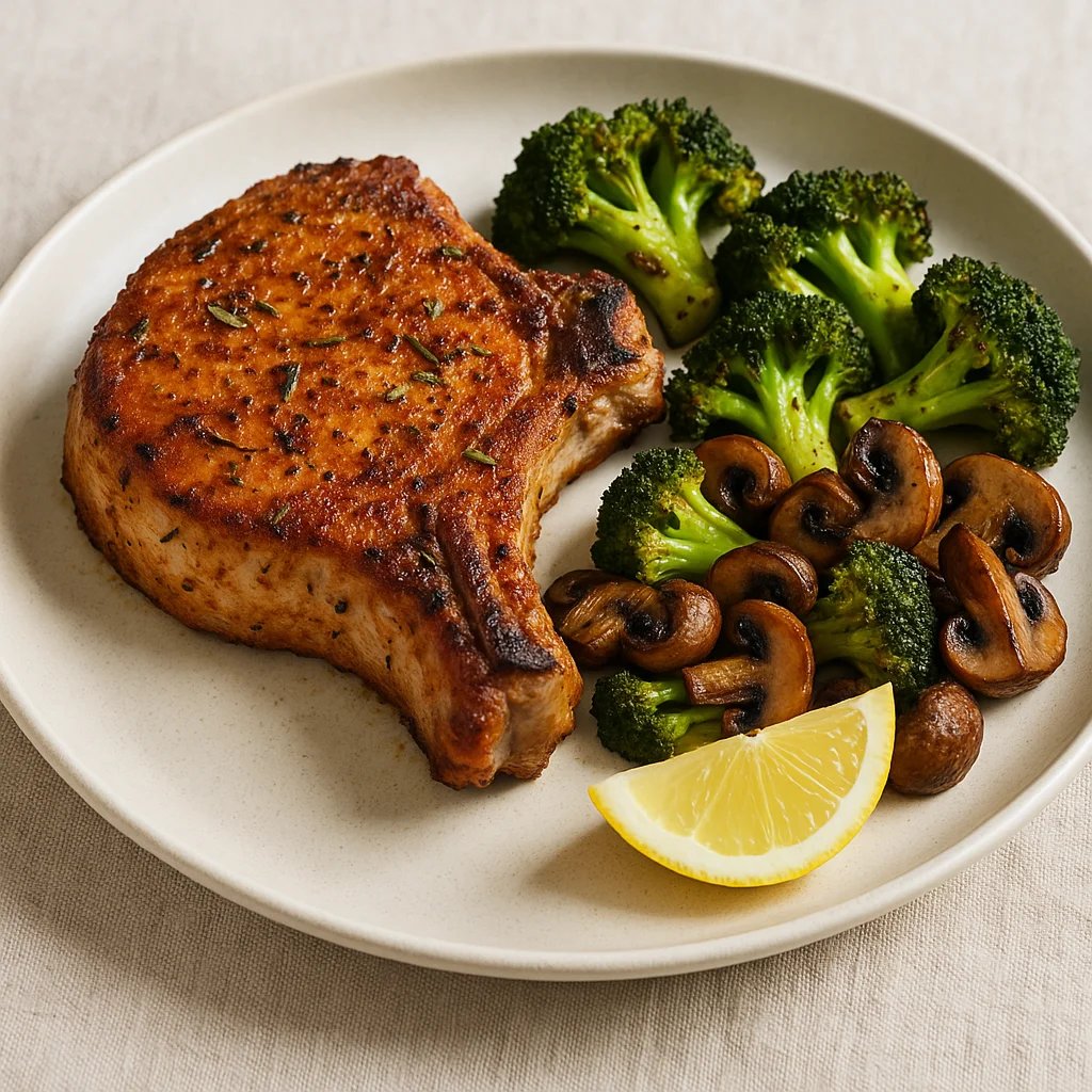 Air Fryer Rosemary Garlic Pork Chops with Broccoli and Mushrooms