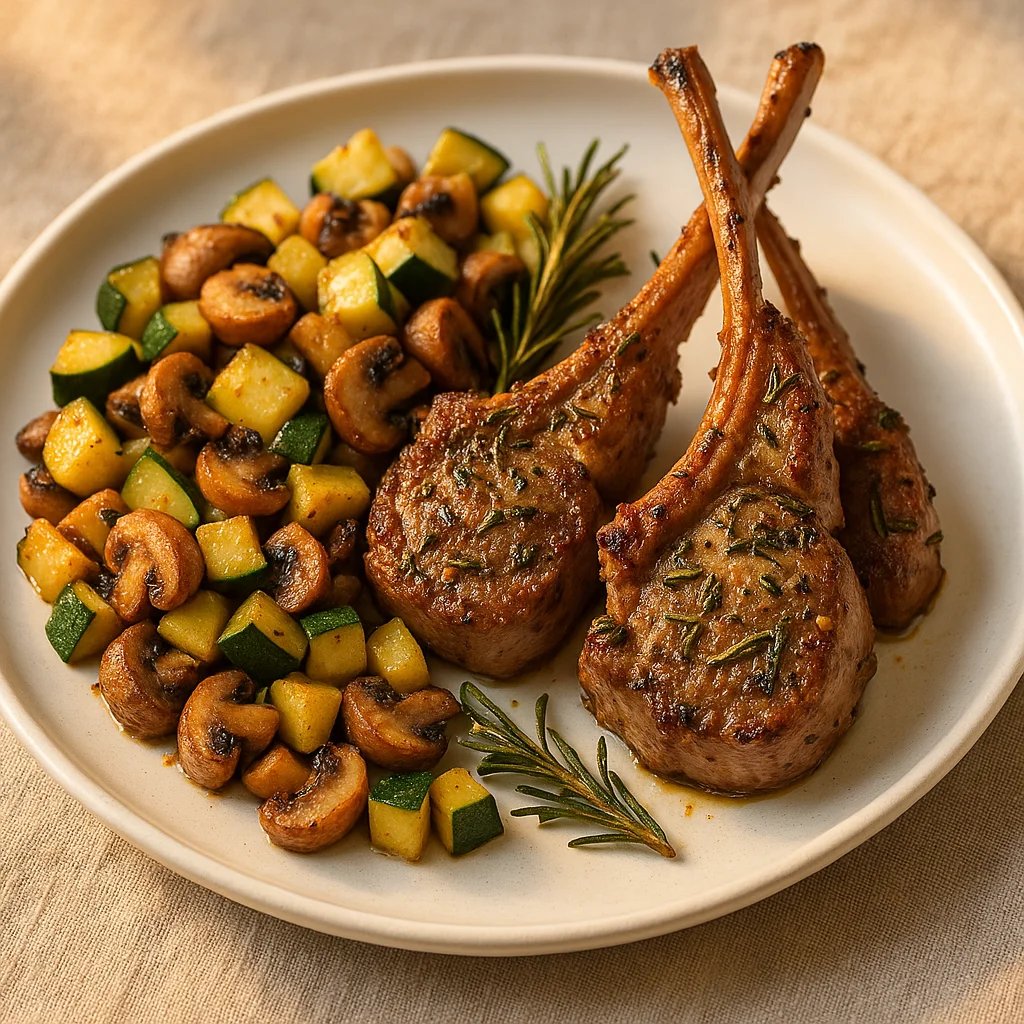 Air Fryer Rosemary Lamb Chops with Zucchini Mushroom Breakfast Hash