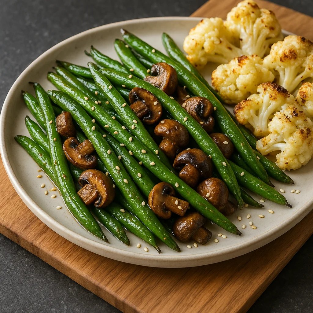 Air Fryer Sesame Garlic Green Beans and Mushrooms