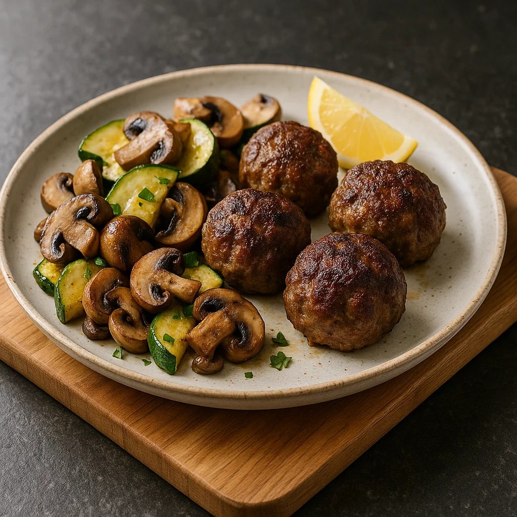 Air Fryer Steakhouse Lamb Meatballs with Garlic Mushroom Zucchini