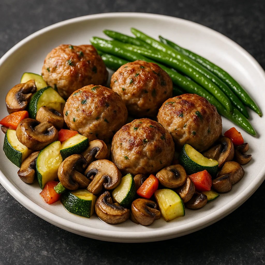 Air Fryer Turkey and Lamb Meatballs with Zucchini and Mushrooms
