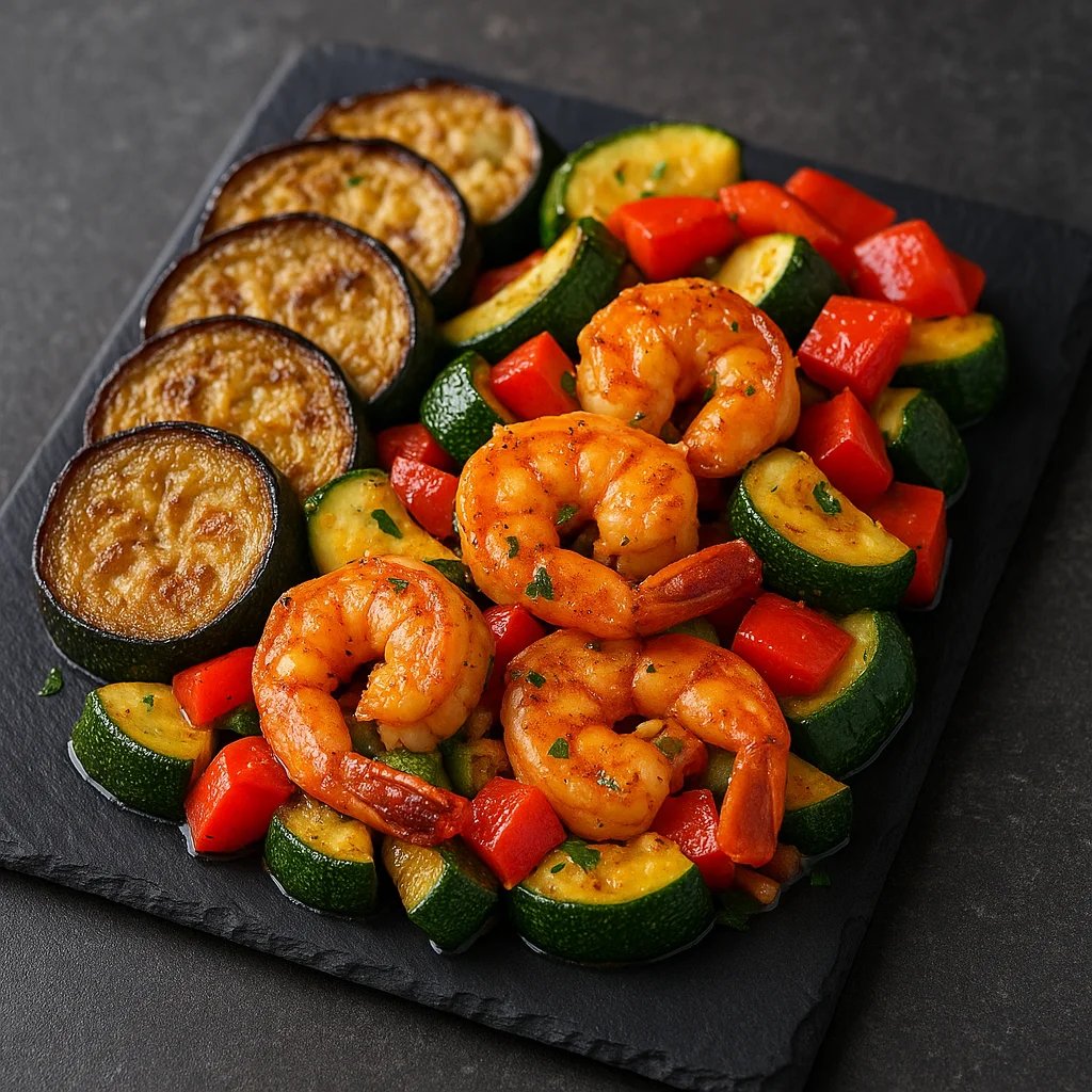 Cajun Garlic Butter Air Fryer Shrimp with Zucchini and Peppers